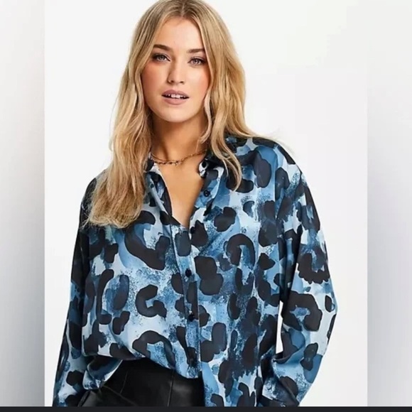 Topshop Tops - NWT Topshop Satin Blue Animal Print Button Down